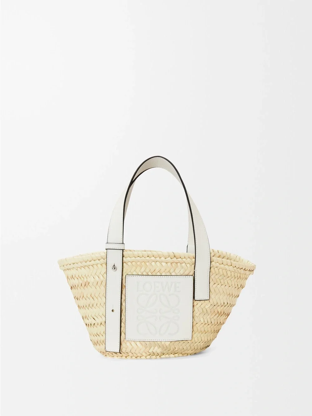 Loewe Small Basket Bag in Palm Leaf and White Calfskin
